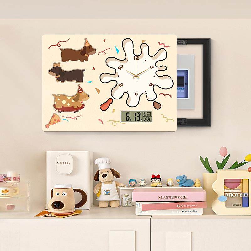 多巴胺卡通小狗电表箱装饰画带钟表配电箱遮挡电闸开关万年历挂画