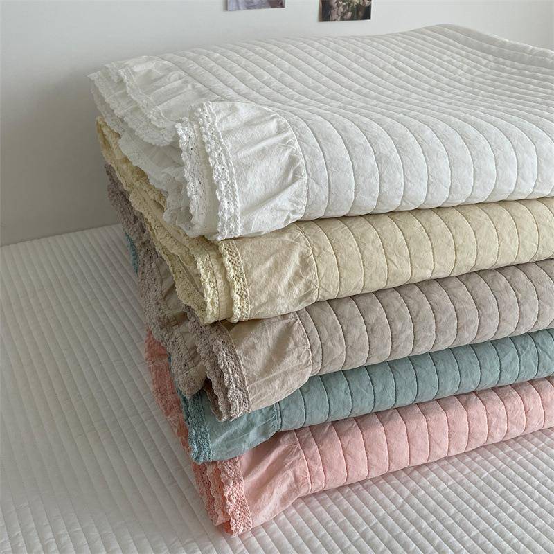 韩式花边80支纯棉床盖三件套砂洗纯色简约绗缝床垫公主风四季床单