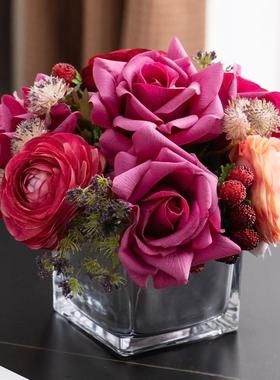 仿真花艺摆件保湿玫瑰露莲花束客厅摆设桌花轻奢高档房间软装摆花