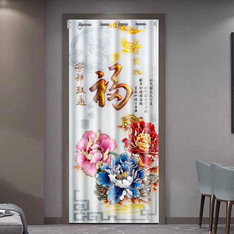 新中式门帘免打孔伸缩杆房间隔断帘卫生间卧室隐私遮挡帘子高级感