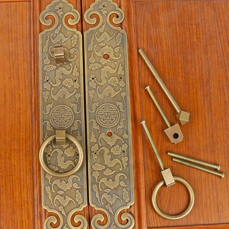 中式古典民宿仿古铜把手挂锁老式纯铜拉手花格门衣柜门横开铜锁