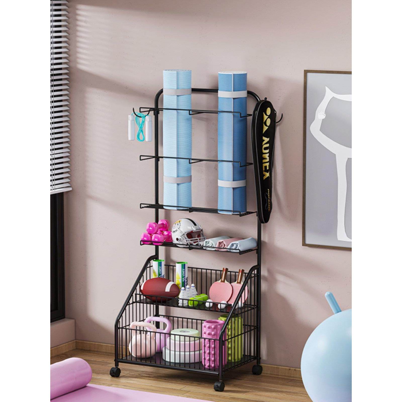 瑜伽垫储物架篮球足球羽毛球拍多功能储物运动健身器材储物手推车,收纳整理,运动器材收纳用具,淘宝优惠券,粉丝福利购,淘宝优惠卷