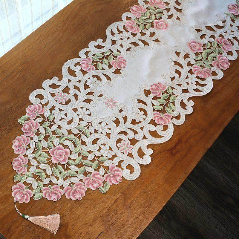 桌旗布艺欧式田园刺绣花餐桌布台布茶几巾桌垫电视柜盖巾流苏床旗