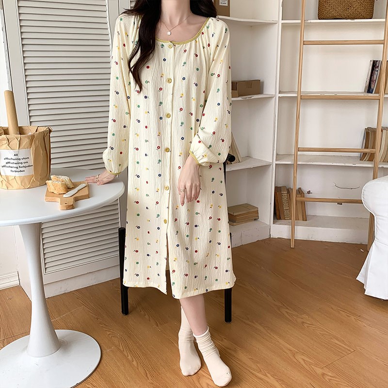 睡裙女春秋款甜美田园风中长款大码开衫孕妇睡衣连衣裙秋冬家居服