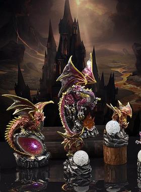 跨境新款欧式圣龙战斗龙摆件熔岩树脂底座发光恐龙蛋家居装饰礼品