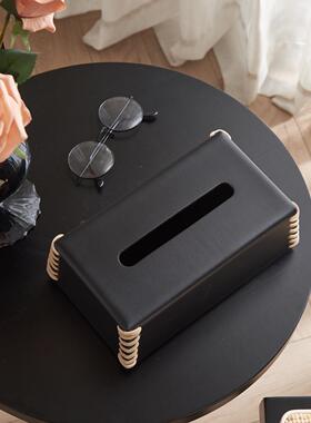 高档黑色皮革编织纸巾盒客厅茶几中世纪高档纸巾盒餐桌装饰摆件