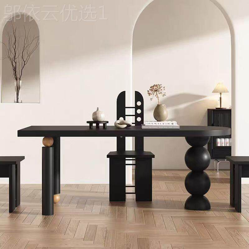 北欧风纯实木圆餐方桌复古长形家用黑色半饭桌设计师书餐桌HZI法