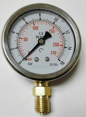 液体防震压力表 直径68mm 压力0-16bar 230psi 螺纹M14x1.5 1.6级