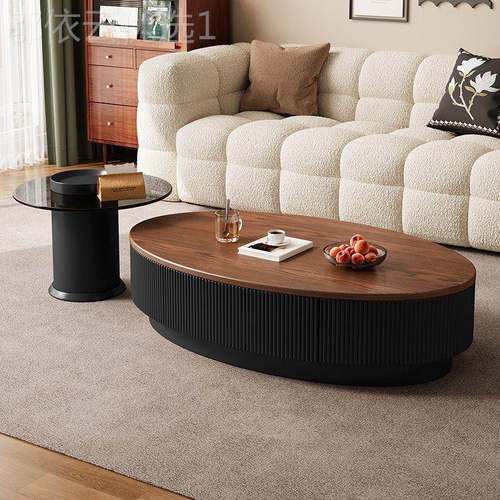 中古风胡桃色圆2形茶几电视柜合现代组简XOK约轻奢客2厅家用05新