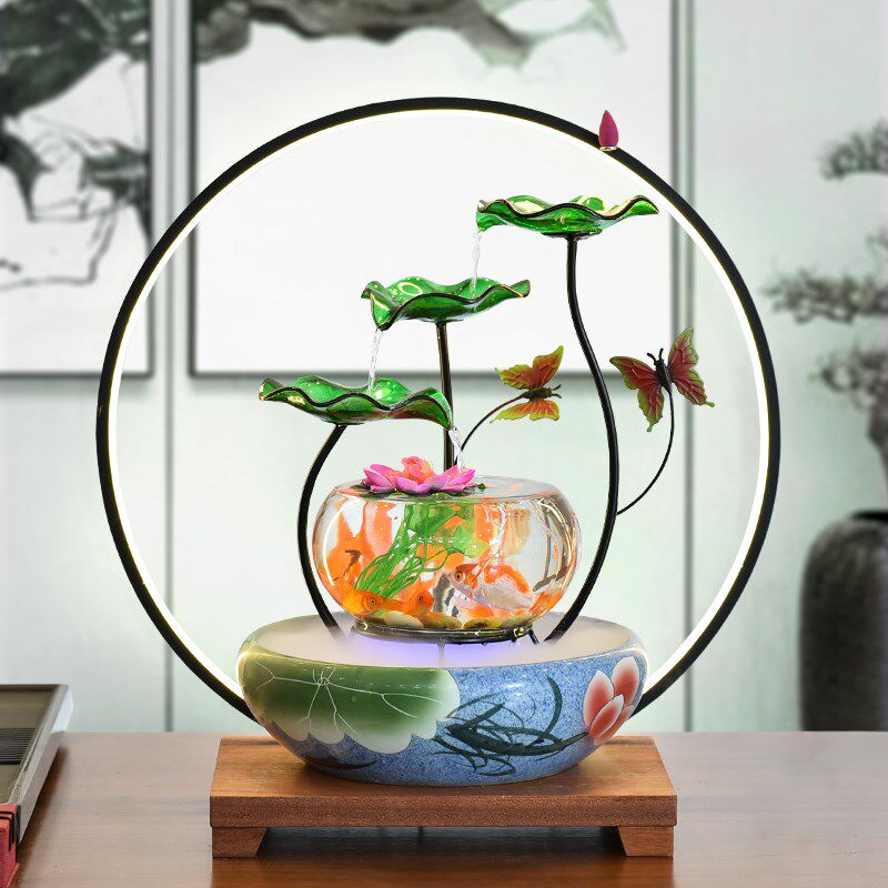 创意流水喷泉鱼缸灯圈倒流香炉玄关客厅风水招财家居桌面装饰摆件