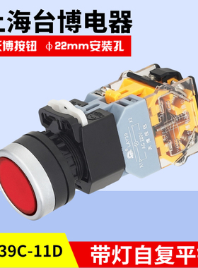 天博 LAY39C-11D带灯平头按钮开关一开一闭自复DC36V48V开孔22mm