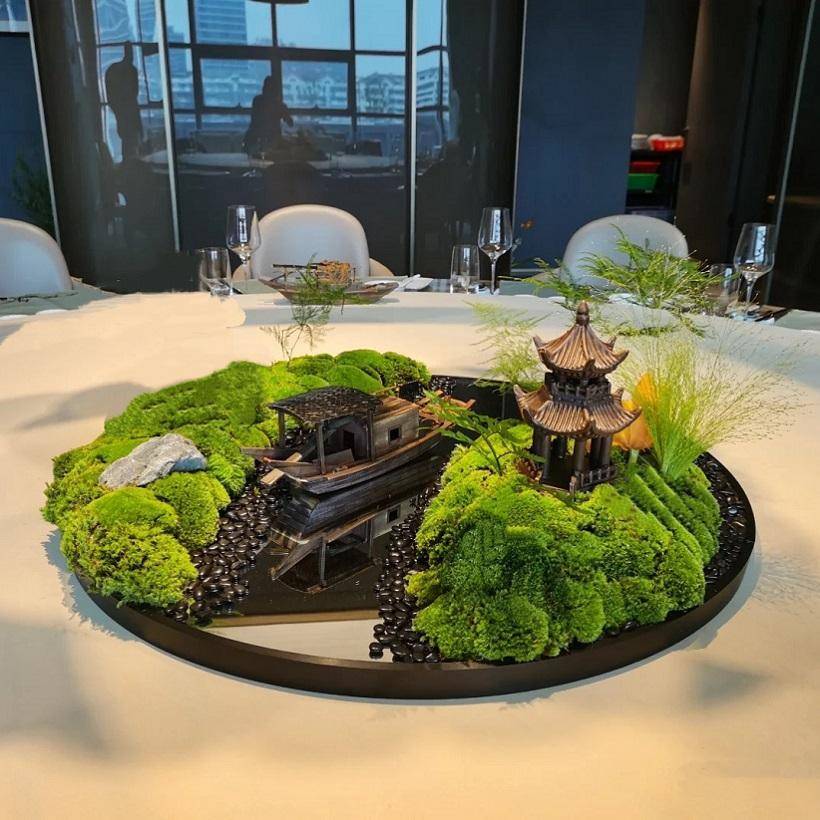 酒店餐桌中间装饰造景永生苔藓摆件圆桌转盘微景观桌花