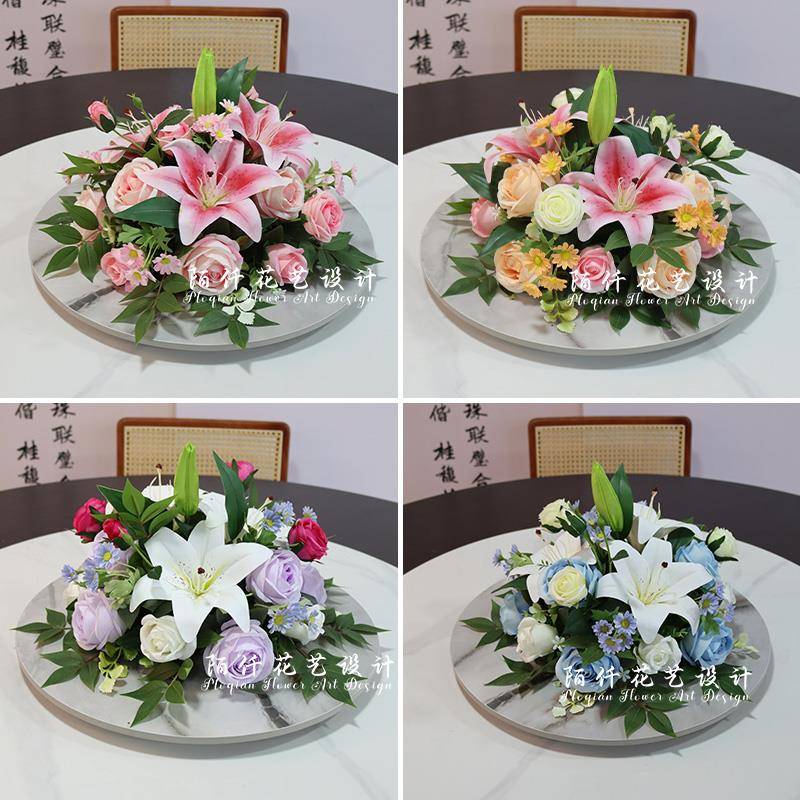 餐厅酒店桌花摆件百合玫瑰圆桌餐桌花摆花饭店桌面转盘中间装饰花