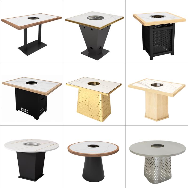 不锈钢岩板大理石火锅桌商用实木电磁炉餐厅饭店烧烤肉圆桌子面板