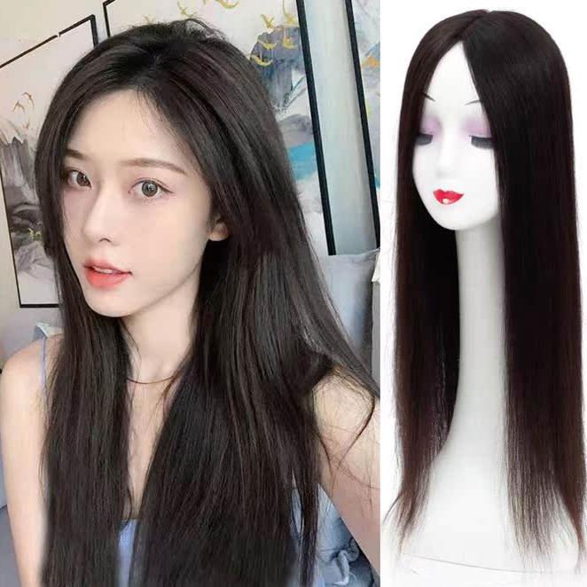 头顶补发女假发片大面积真发遮盖白发递针手织发块真发隐形长直发