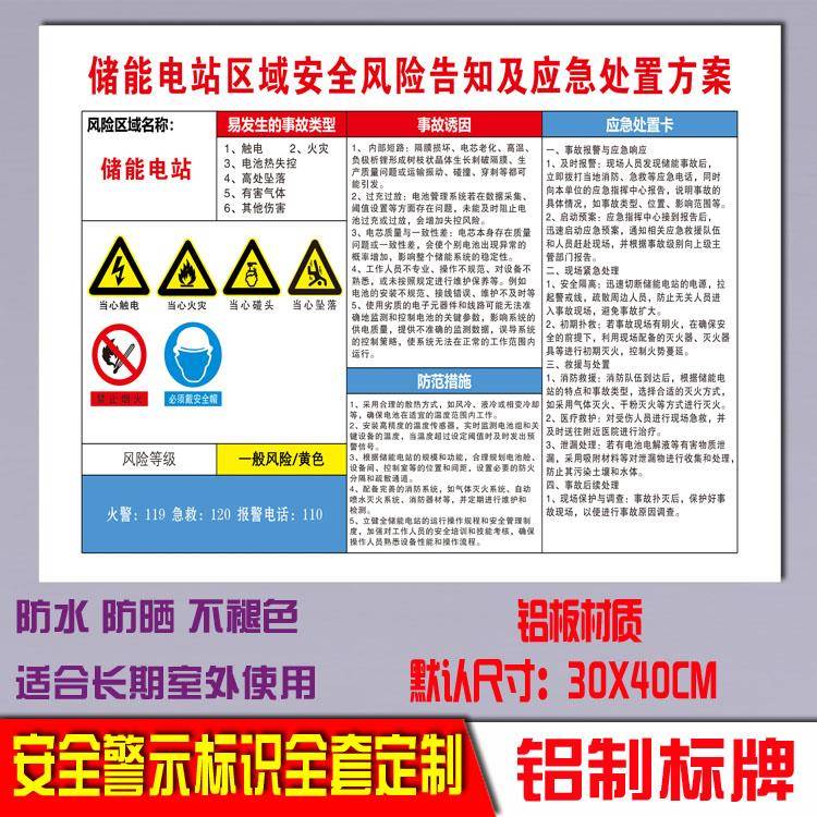 储能电站区域安全风险告知及应急处置方案标牌反光警示标识牌定制