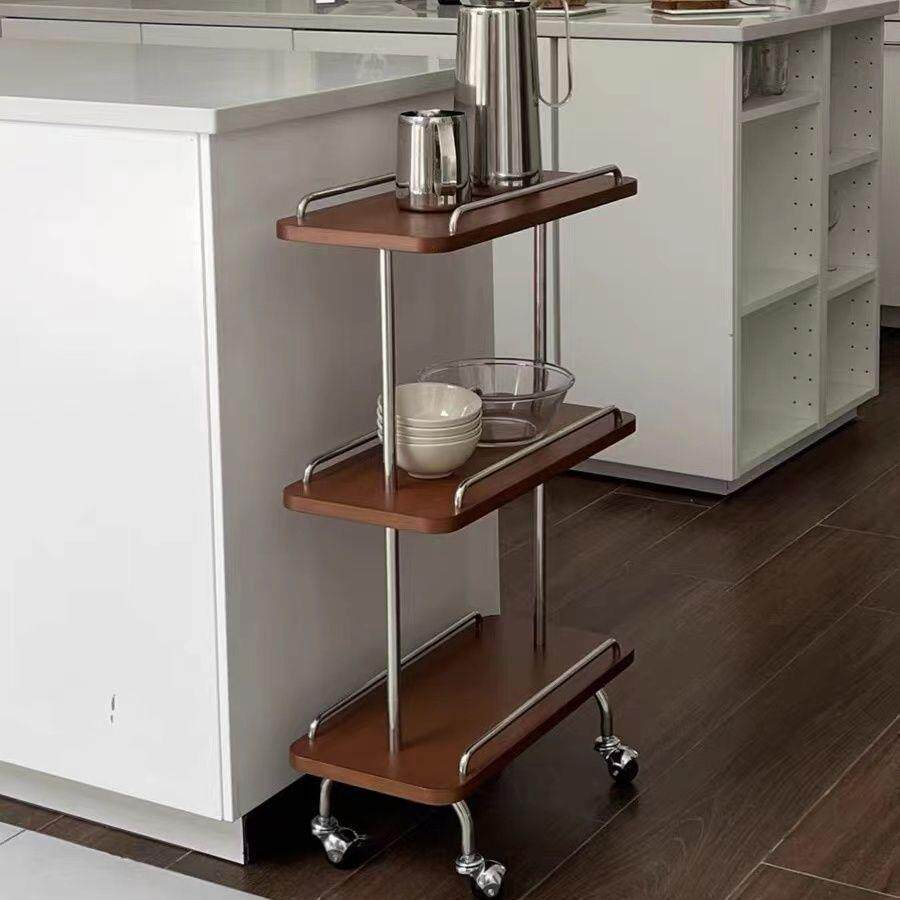 实木多层无品牌/奢小推车窄置物架轻收箱纳客厅厨房冰金属边几夹