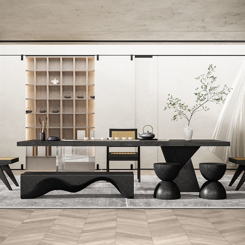 侘寂风实木茶桌椅组合现代简约原木大板泡茶台客厅家用民宿设计师