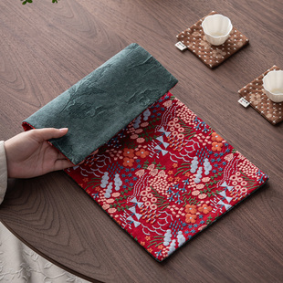 皓澜庭国风红色花海干泡席刺绣茶桌垫禅意双面茶席布艺桌旗隔热垫