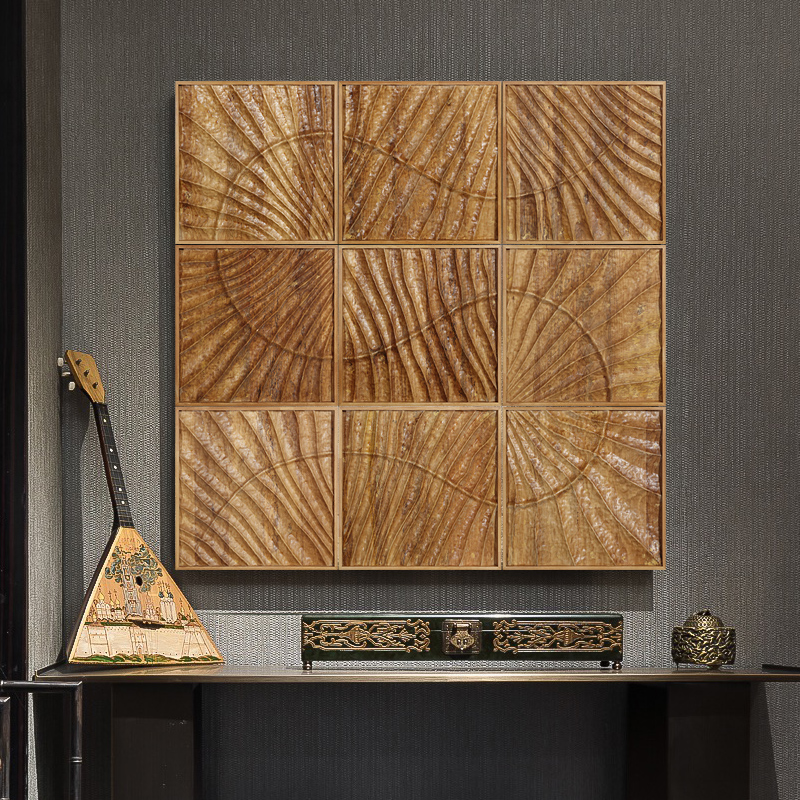 新中式木雕装饰画入n户进门走廊过道玄关实物画楼梯墙面立体挂画