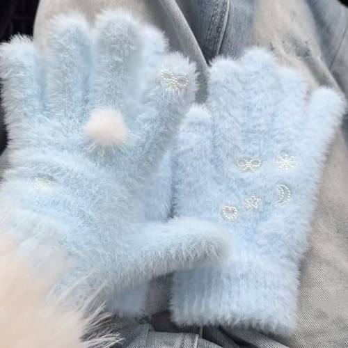 爆款星星毛球手套初雪冬季水貂毛学生可爱保暖分指骑行防寒加厚女