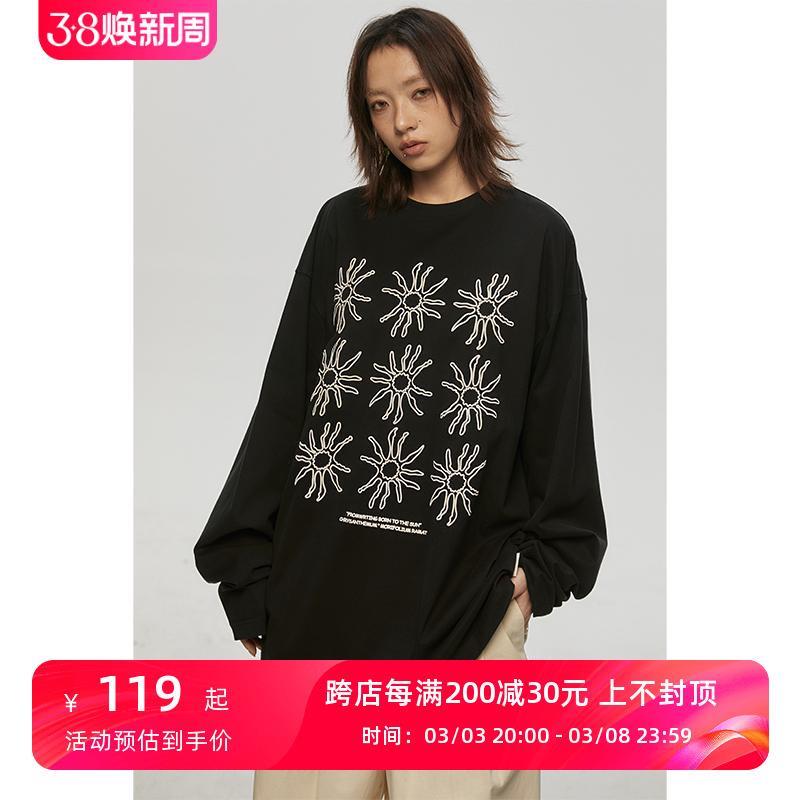 FROM WRTING字由韩系太阳花印花慵懒感长袖T恤女春季打底衫上衣男