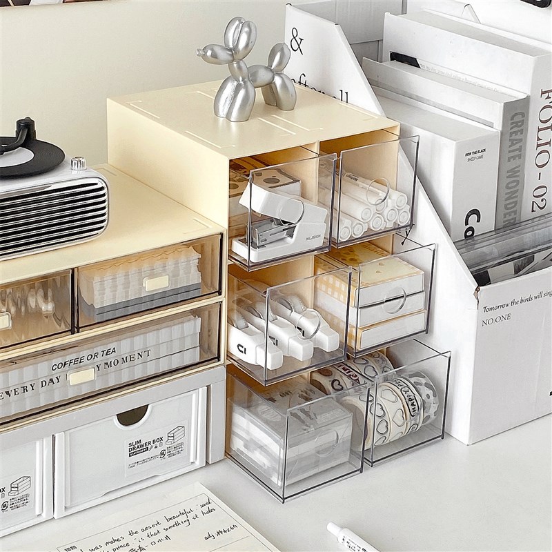 桌面抽屉式收纳盒透明亚克力文具可叠加置物架手账杂物防尘整理盒
