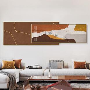 现代轻奢客厅装饰画大尺寸简约橙色抽象沙发背景大气横版叠加挂画