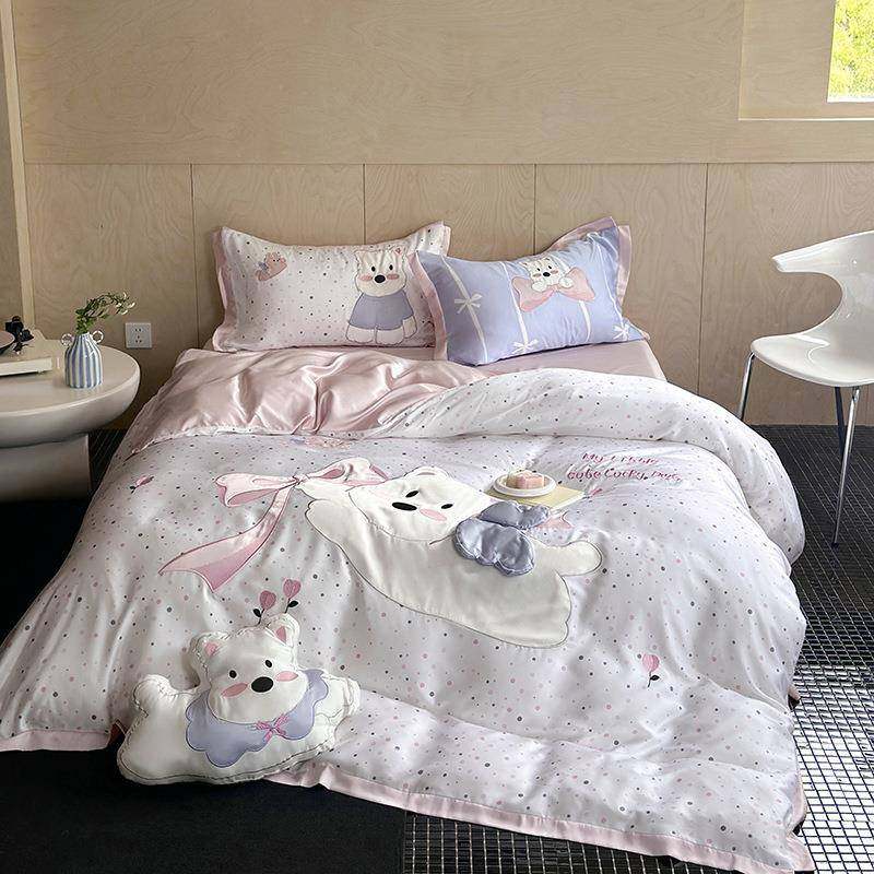 60支A类LF天丝贴布刺绣卡通床上用品套件学生宿舍三件套直播+