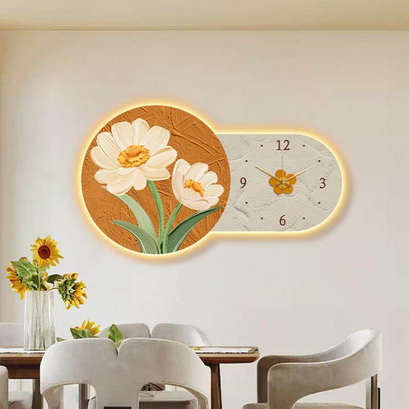 奶油风钟表挂钟客厅网红2023年新款餐桌装饰画表挂墙创意时钟壁灯
