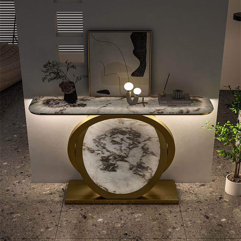 现代简约不锈钢发光玄关柜透光超晶大理石入户对门窄装饰台条案台