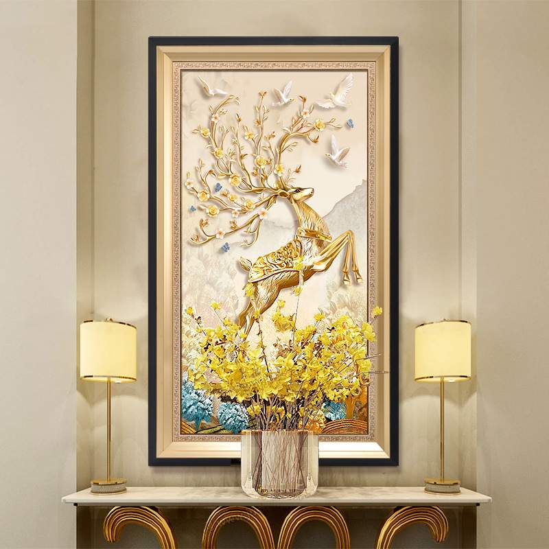 欧式玄关装饰画美式风格入户走廊过道竖版挂画书房大气壁画麋鹿图片
