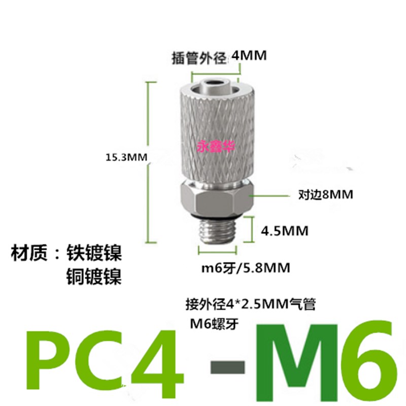 铁铜快拧直通微型小体积M6螺牙插气管硅胶管4MM6MM气动元件PC直通