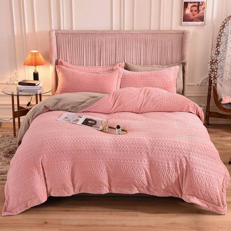 加厚保暖纯色剪花熙暖绒床包四件套兔兔毛绒床笠床单被套