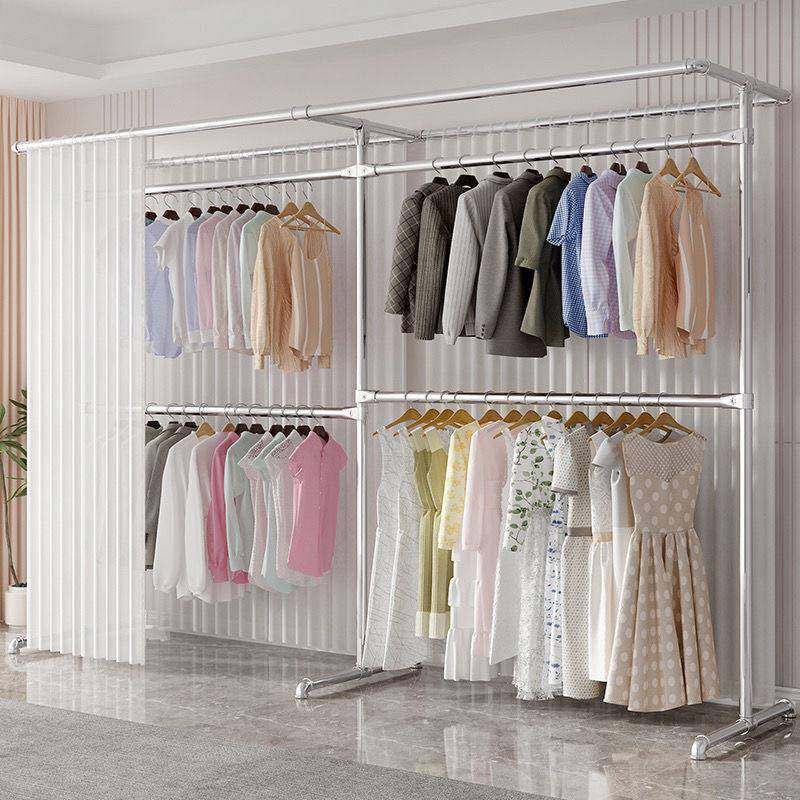 镀锌加厚钢管晾衣架落地立式室内新款卧室阳台简易挂帘双层挂衣架