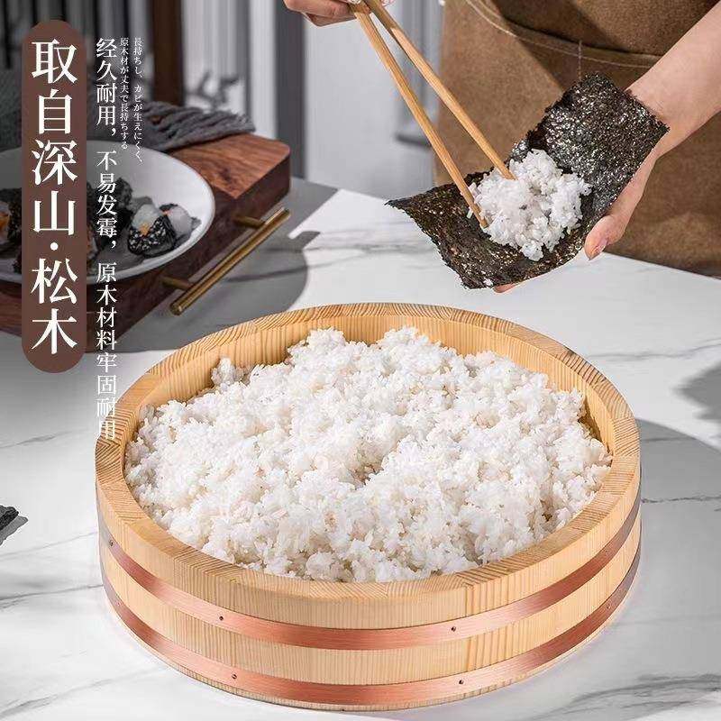 木制拌饭盆纯木紫铜边拌饭木盆盘刺身米饭寿司拌饭盆日韩料理木盆