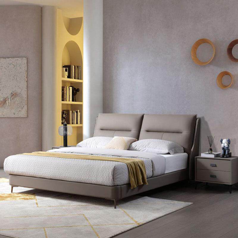 意式极简床双人床现代简约主卧大床1米8软包高脚小户型齐边真皮床