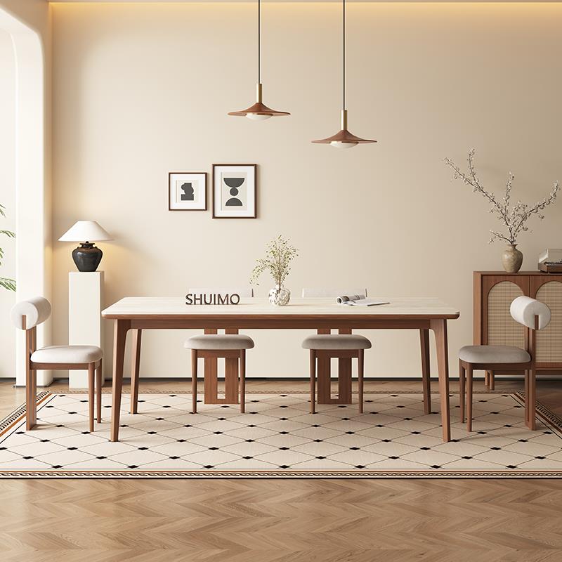 德利丰实木岩板洞石餐桌胡桃白蜡木客厅家用小户型现代简约饭桌椅