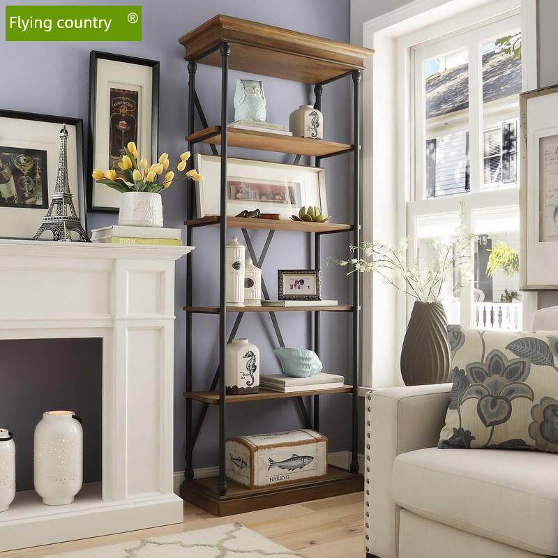 覆古实木美式loft书架简约创意工业风货架落地铁艺多层组合置物架