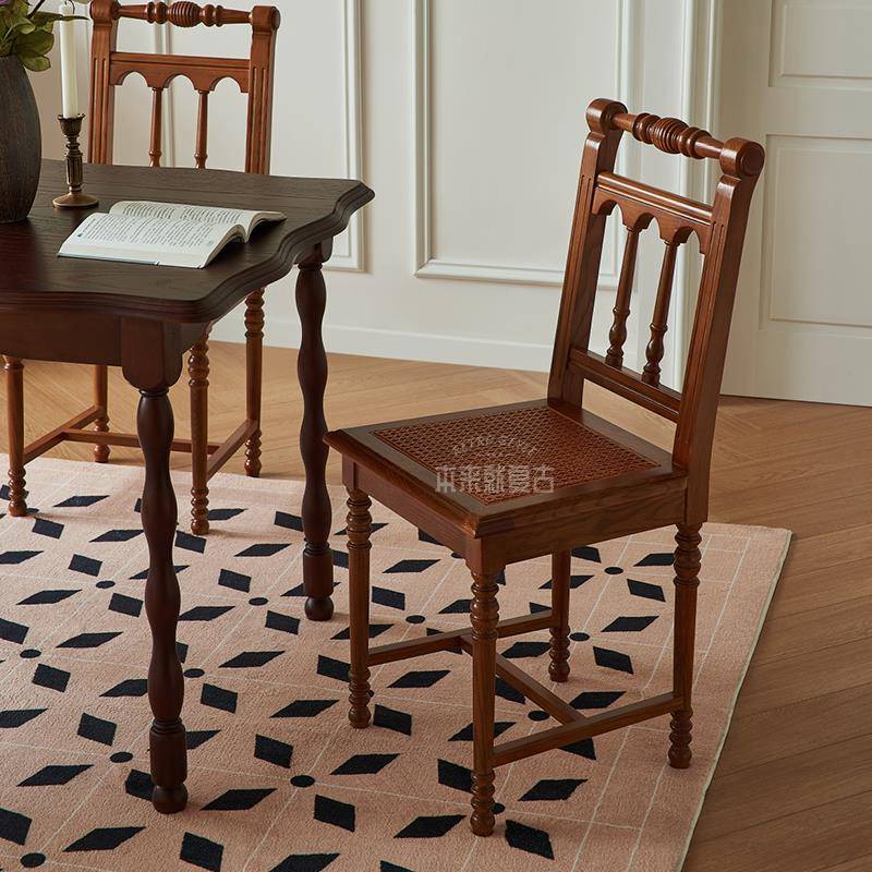 「罗马椅」 法式复古实木椅子餐厅真藤单人椅纯手工藤编餐椅家用