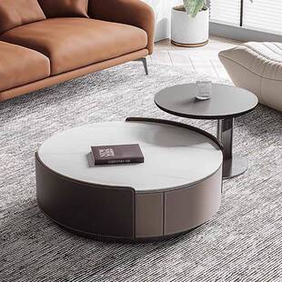 岩板圆形茶几电视柜客厅家用小户型设计师款 马鞍皮高级感储物茶几