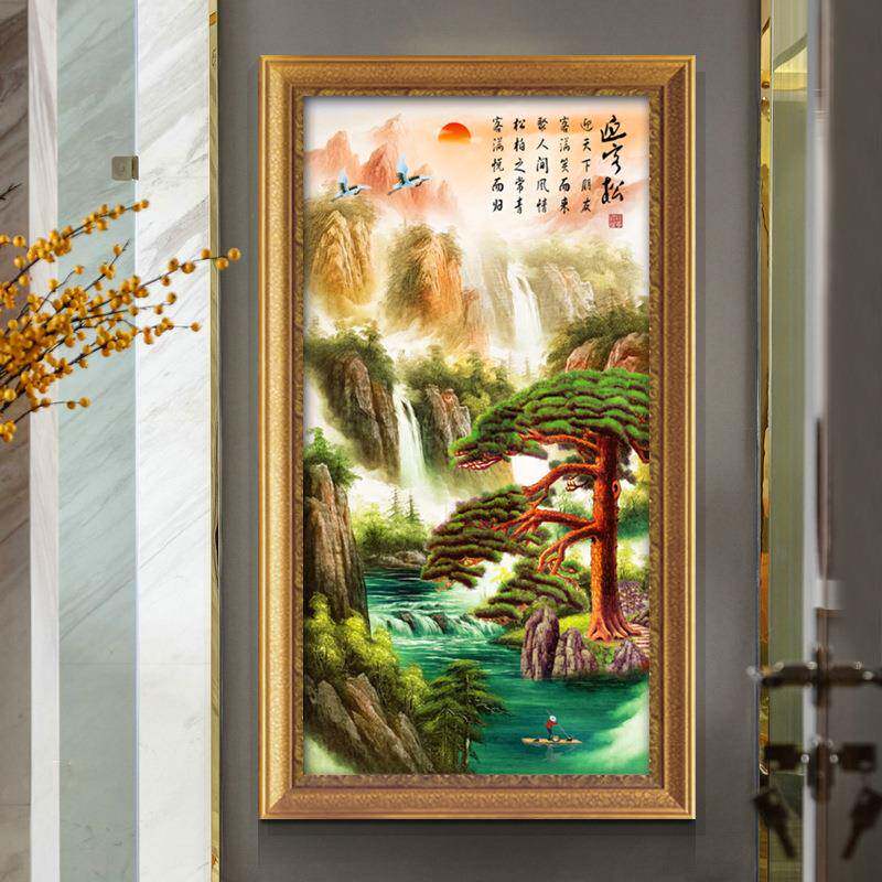 入户玄关装饰画竖版过道山水画靠山客厅挂画风水招财迎客松壁画