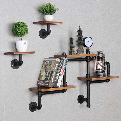 工业风水管实木铁艺复古墙上置物架客厅装饰花架壁挂隔板墙面书架