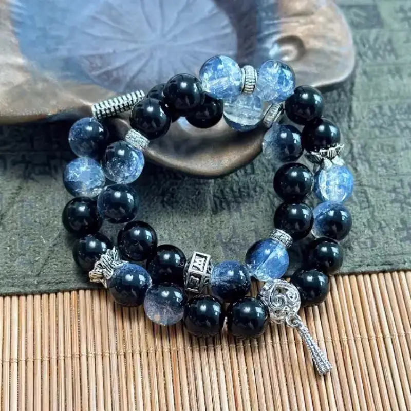 水墨琉璃珠冰裂玻璃圆珠手串项链手工配件饰品串珠材料