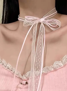 2025【桃味心动】超仙甜美蕾丝飘带项链春夏百搭丝巾