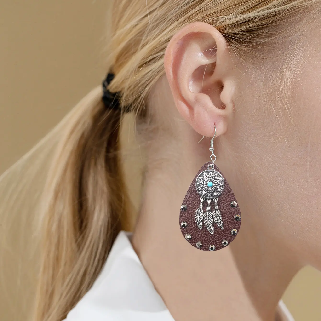 耳饰民族风波西米亚镂空网羽毛合金皮革点钻水滴耳坠耳环