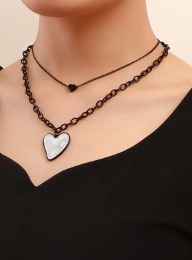 欧美饰品 潮酷泳黑色链条仿贝母爱心项链女 小众双层金属项饰