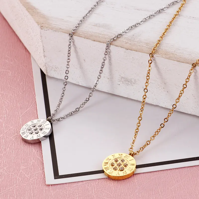 速卖通饰品新款 欧美时尚简约圆形镶钻项坠钛钢耳环女