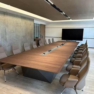 新中式 会议室胡桃木实木办公会020503议桌现代室简约接型办公长大