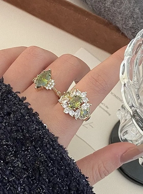 法式复古橄榄绿石戒指轻奢宫廷风满钻叠戴开口戒贵气爆闪戒子